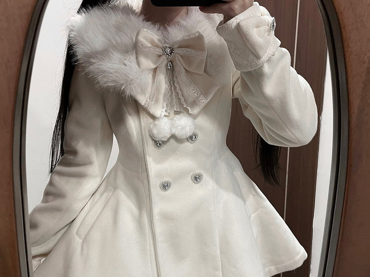 ジライケイ ベージュ 取り外し可能なプラッシュカラーとカフス 地雷風 リボン付きウールコート