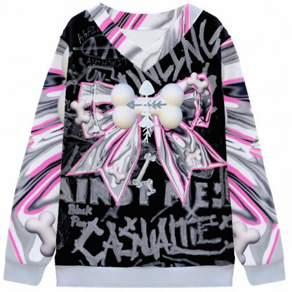 Knochen und Sweatshirt Y2K Print Große graue Schleife