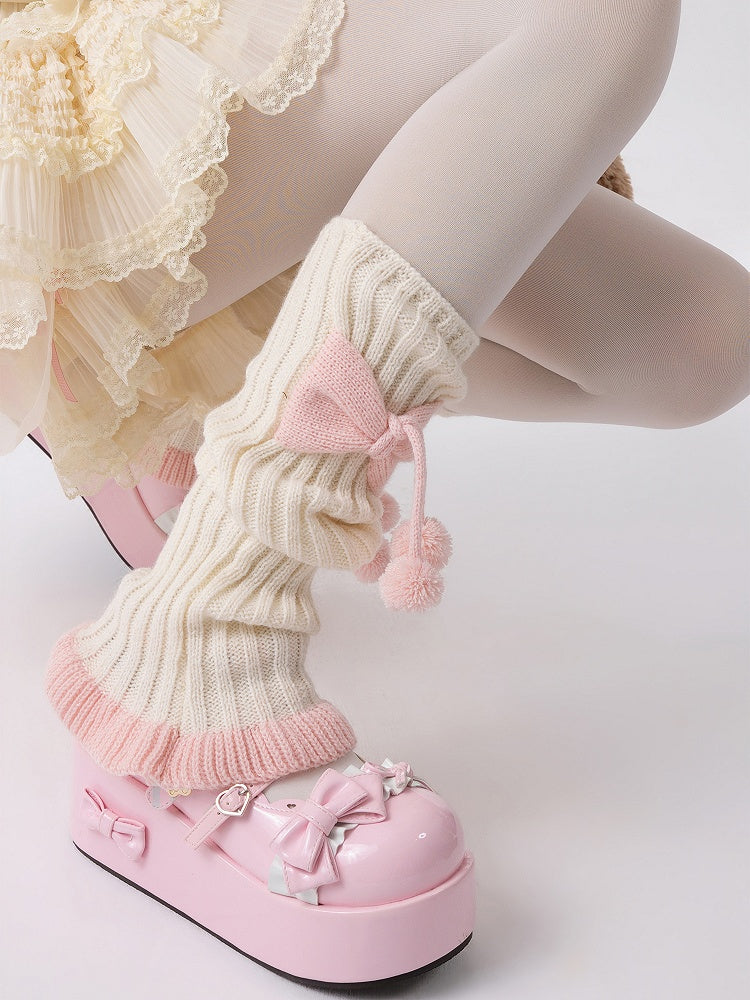 Knitted Leg Decorations White with 46CM Bowknot Pink Warmers Pom-Pom and
