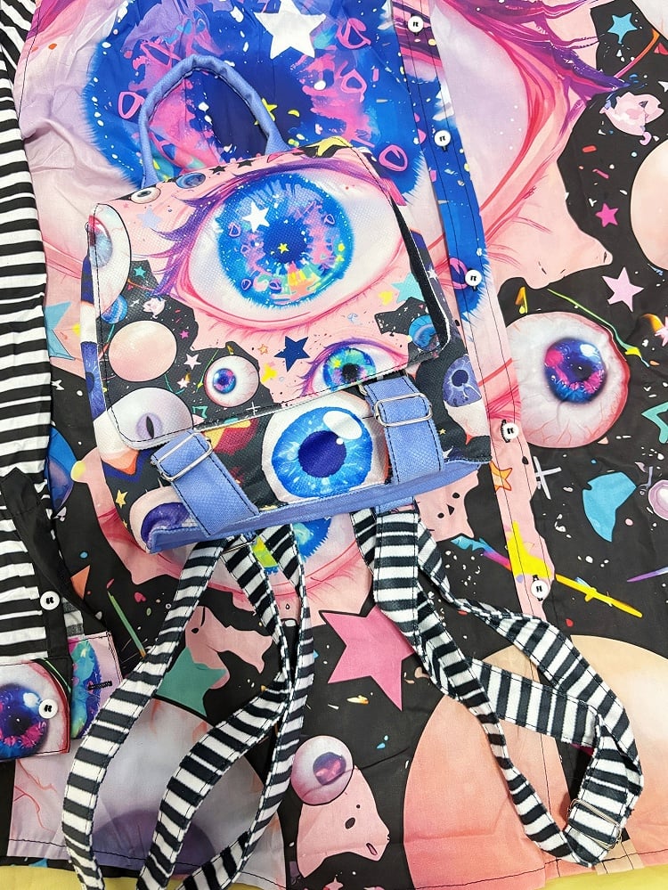Fold-Over Flap Design Guro Colorful Backpack Eyes Print Kawaii
