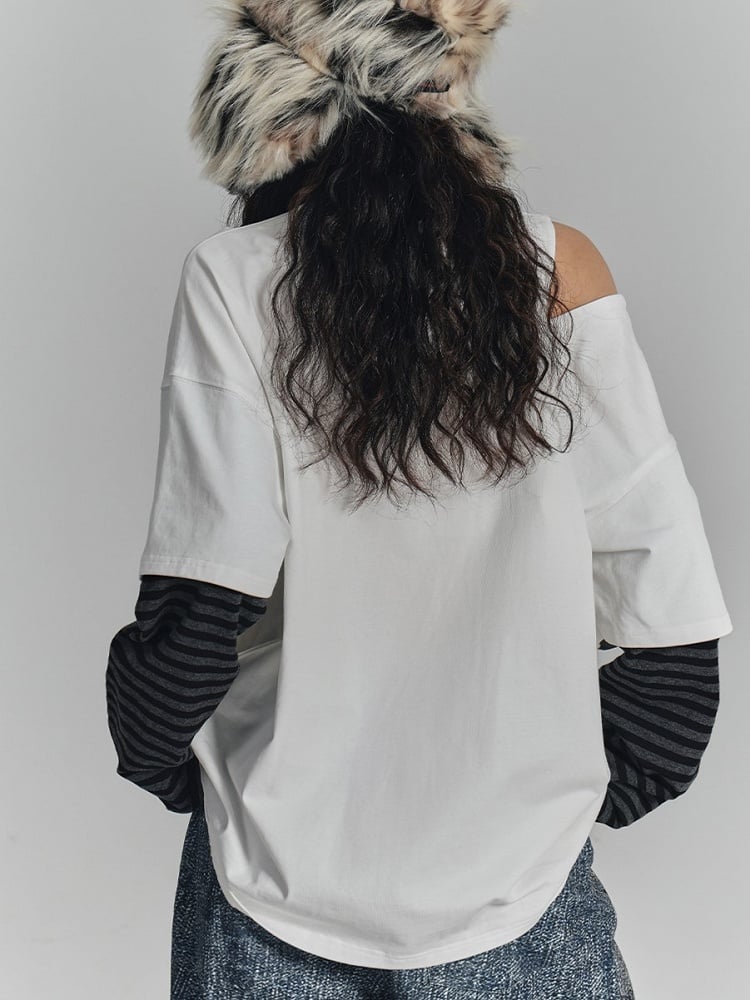 Graffiti Crossed White Shoulder Cut-Out Sleeve with V-Neck Punk Ties Striped Tee