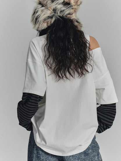 Graffiti Crossed White Shoulder Cut-Out Sleeve with V-Neck Punk Ties Striped Tee