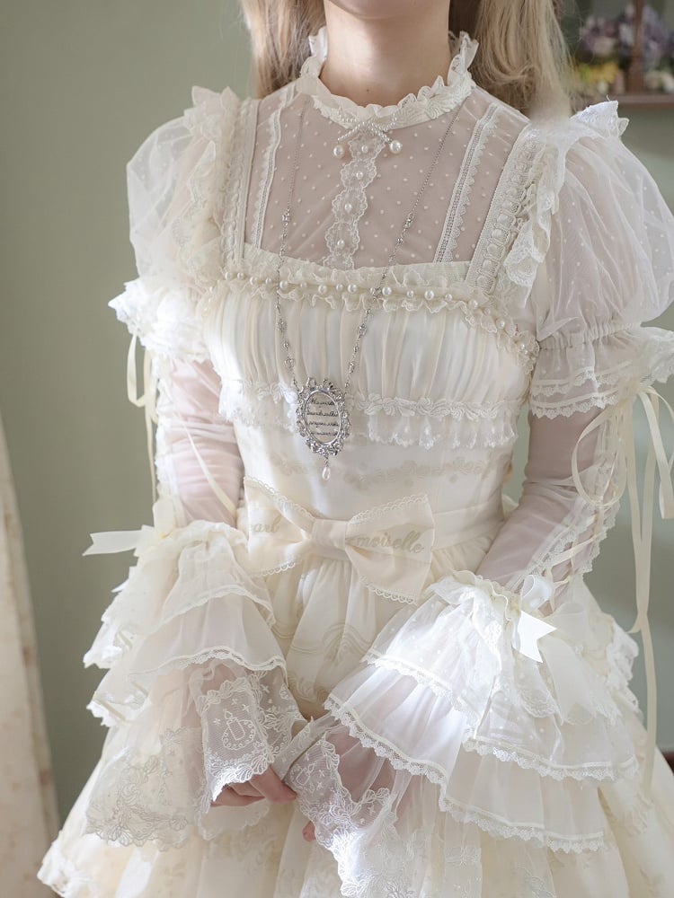 Tulle White with Sleeves Creamy Detachable Blouse Dotted Puff