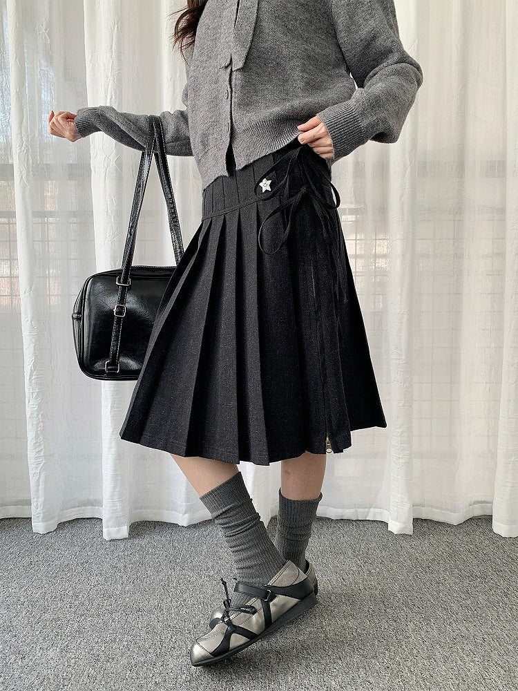 Self-tie Straps Skirt Pleated Grey Side-zip with
