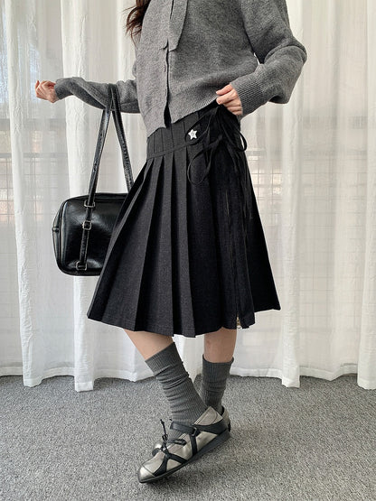 Self-tie Straps Skirt Pleated Grey Side-zip with