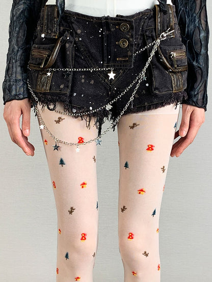 Print Design White Y2K Tights Christmas
