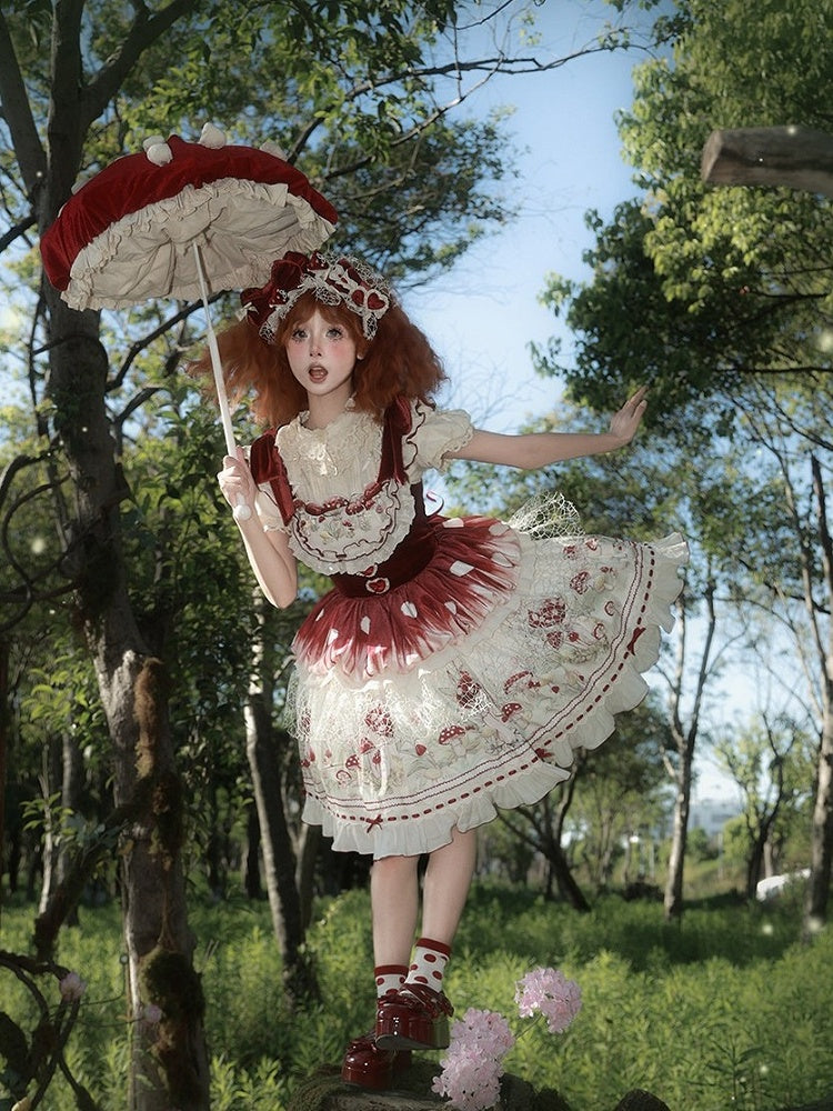 Red Velvet Mushroom JSK Dress with Heart Motif - Honey Machine