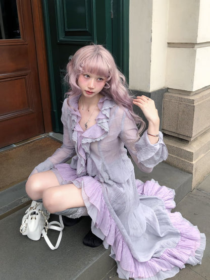 with Skirt Purple Hem Drawstring and Waist Dusty Ruffle Ankle-Length High-Low