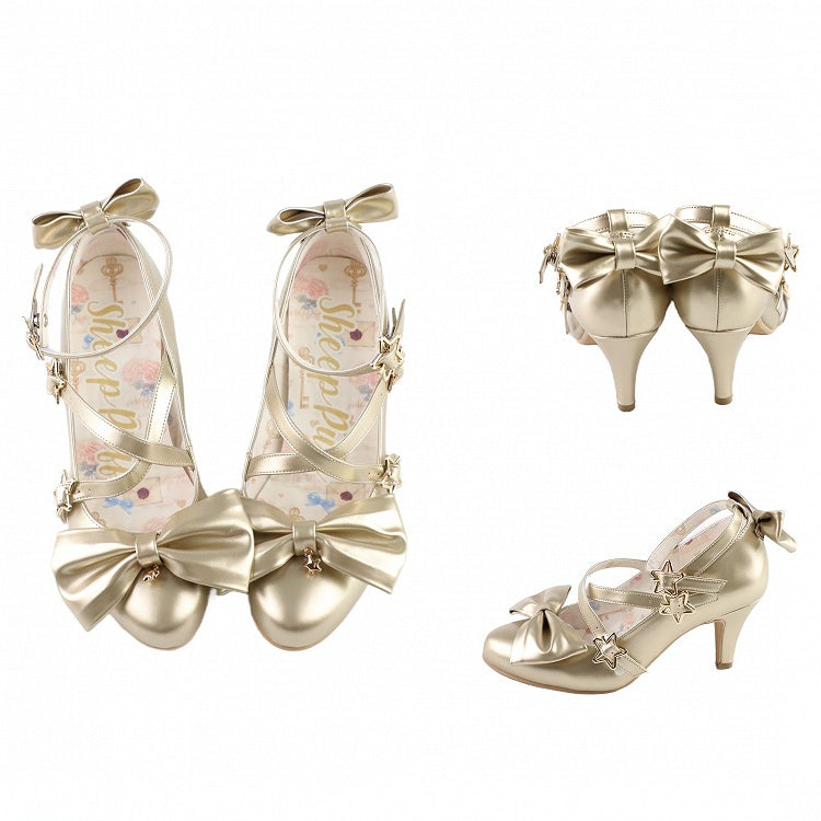 リボンハイヒール、ストラップトップバックル、ゴールド