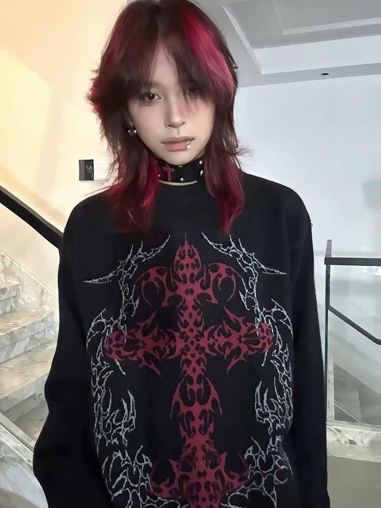 Cross with Black Design Gothic Blood Sweater