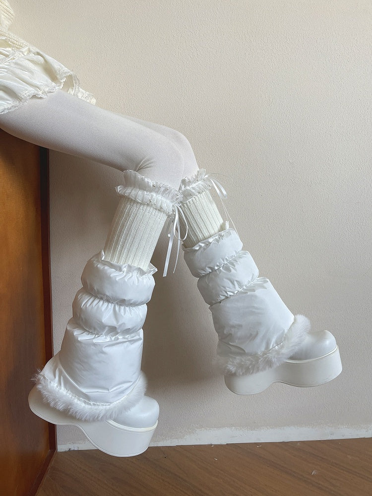 Leg Pearl-Adorned Knit Lace Bows White Ribbon Warmers with Ruffled