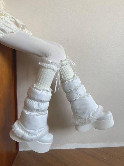Leg Pearl-Adorned Knit Lace Bows White Ribbon Warmers with Ruffled