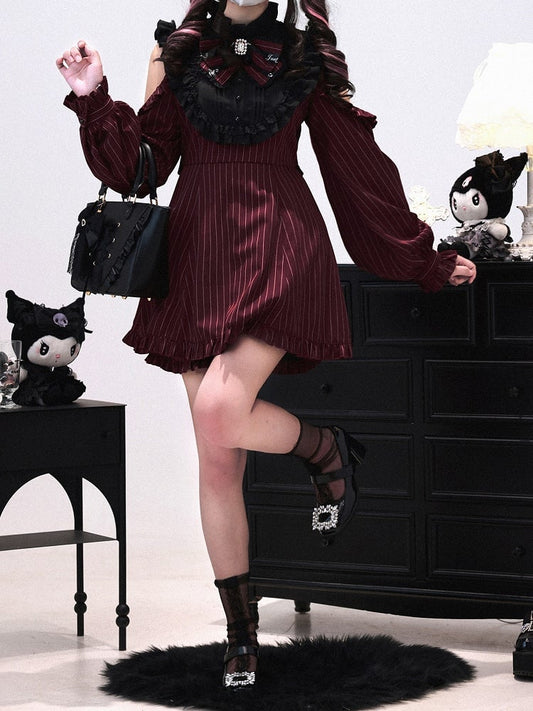 Shorts with Versatile Coord Sleeves Kei Set: Red Wine Striped Modular Matching Jirai Dress