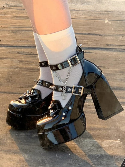 Gothic Polished Black High-heel Mary Janes with Snap Design,  Detachable Cross Charm Chain & Studded Accents