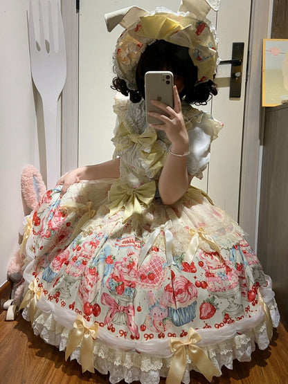 Cherry and Print Yellow Jumper Skirt Bow Accents Lolita Strawberry Sweet