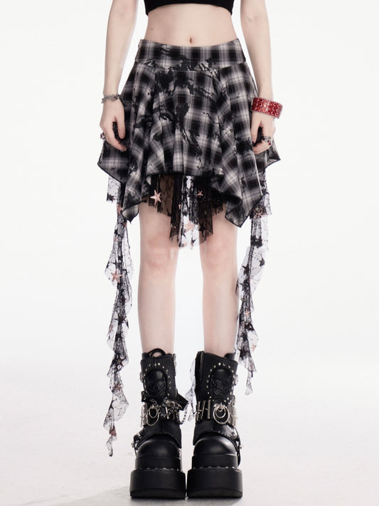 Y2K 黒と白のチェック柄ハンカチ裾カスケードフリルメッシュ
