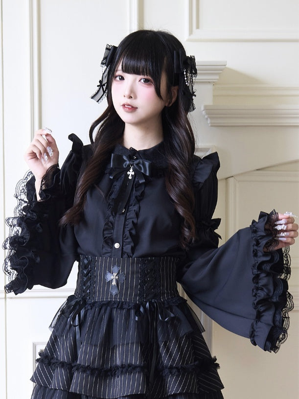 Jirai Kei Peter Sleeves Lolita Ruffled Lace Trim Pan Collar Black Blouse with Detachable Bell Gothic Bowknot