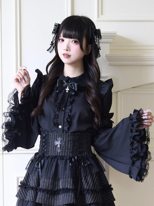 Jirai Kei Peter Sleeves Lolita Ruffled Lace Trim Pan Collar Black Blouse with Detachable Bell Gothic Bowknot