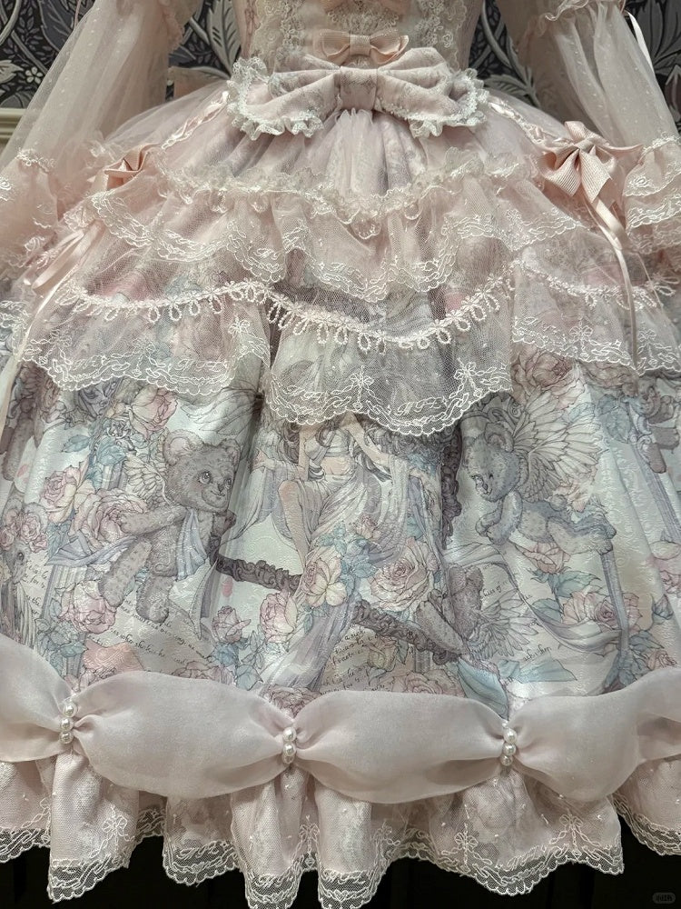 with Dress Hem Sleeves Bell Bear Lolita Angel Ribbon Pink Print Sweet