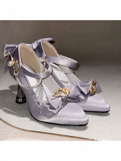 Purple Pointed Toe Shoes with Bowknot, Pearl & Mermaid Design - Meng Ka Jiang