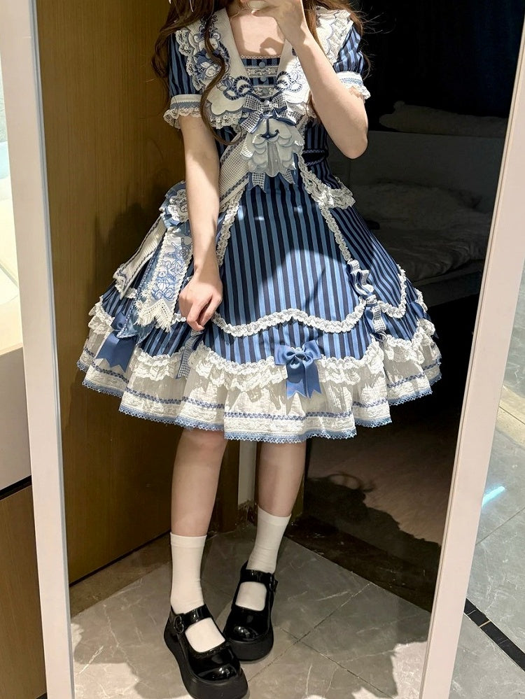 Sailor Bear Striped Dress with Bow and Embroidery - Twin Bear Original Design