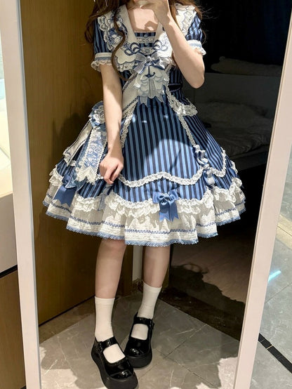 Sailor Bear Striped Dress with Bow and Embroidery - Twin Bear Original Design