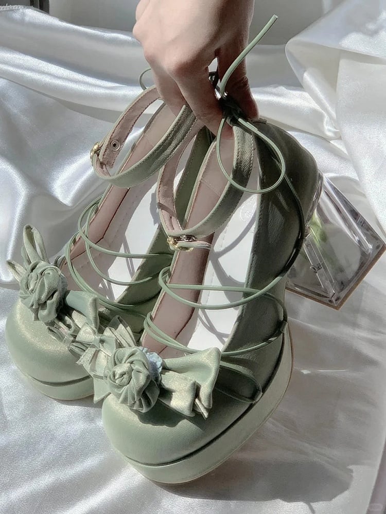 with Green Bow PU - Janes Leather Floral High-heel Mary Lolita Elegant