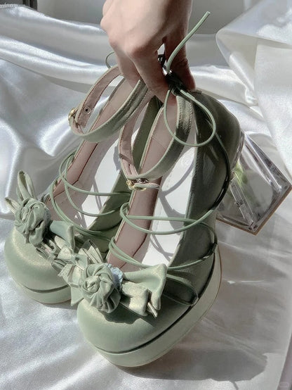 with Green Bow PU - Janes Leather Floral High-heel Mary Lolita Elegant