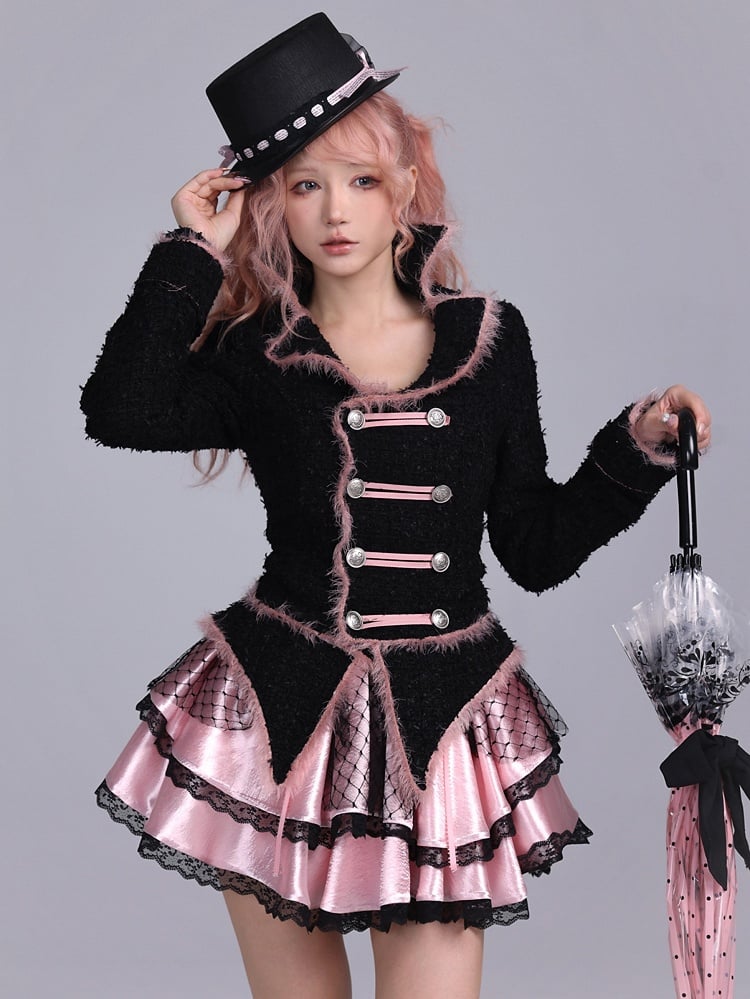 Hime Gyaru Black & Pink Tweed Double-Breasted Blazer