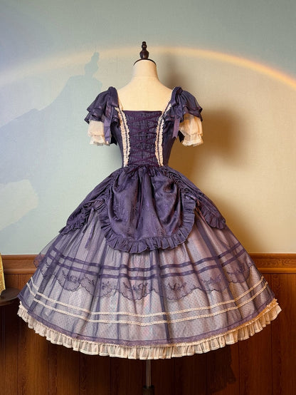 Lilafarbenes, quadratisches Ausschnitt-Feder-Jacquard-Kordelzugrock-Klassiker-Lolita-Kleid