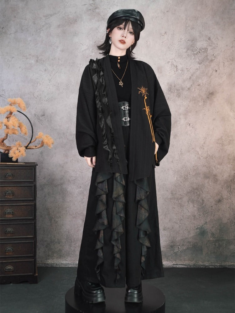 Gothic Black Pipa Sleeve Cardigan with Mandala Embroidery, Tassels and Ruffle Edging - Quirky Hut