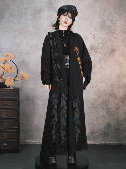 Gothic Black Pipa Sleeve Cardigan with Mandala Embroidery, Tassels and Ruffle Edging - Quirky Hut