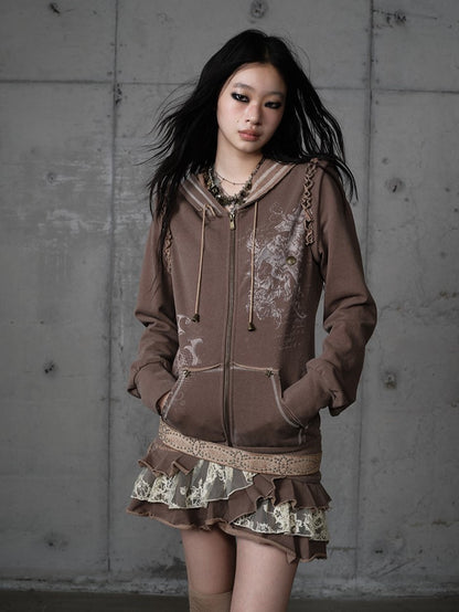Lace Wasteland with Dress Khaki Hoodie Punk Y2K Tiered Detachable Trim Sleeves