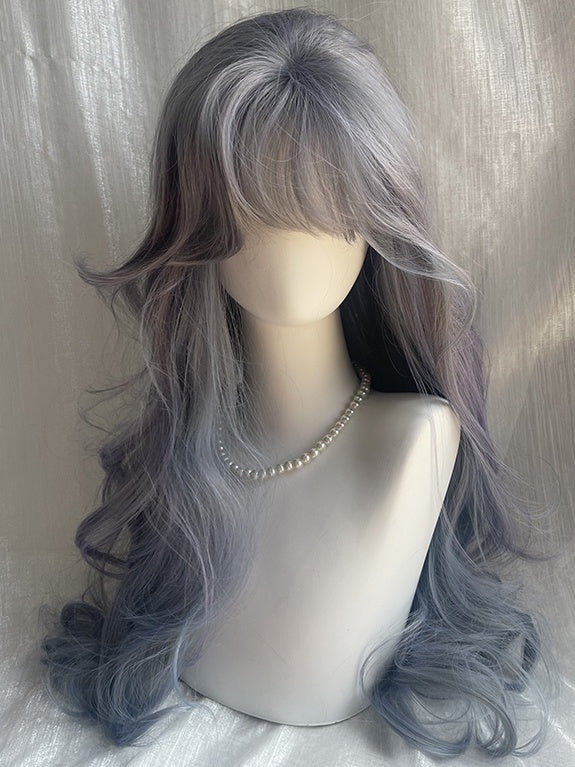 Staubig-lila, hüftlange, gewellte Kunsthaarperücke mit Pony