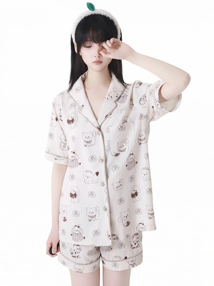 子犬プリントのパジャマセット ブルー/クリーム色 キュートなイエローライト