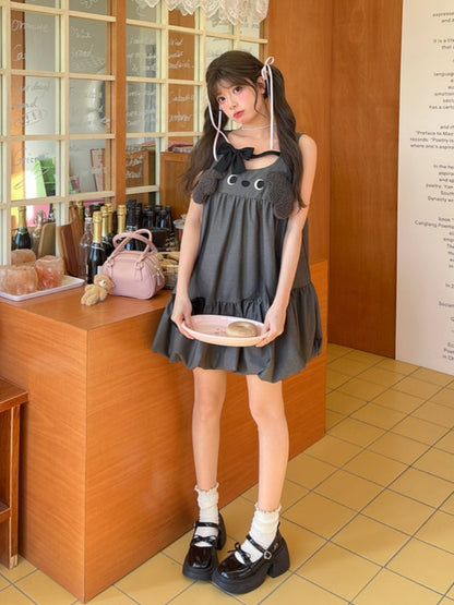 Design Bowknot Dress Bubble Skirt Accents Sleeveless Gray Plush Puppy Ears