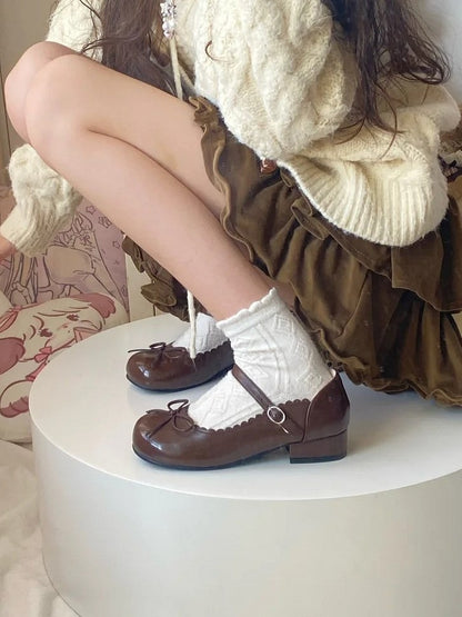 with Bow Toe Sweet Accents Mary Lolita Janes Brown 3cm Low-heel Round