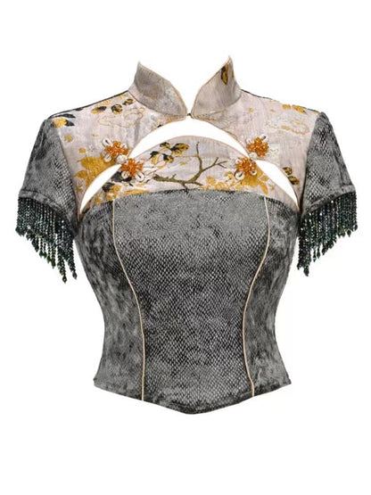 グリーンのチャイナドレスカラー、ゴストップ、ビーズタッセルカフス