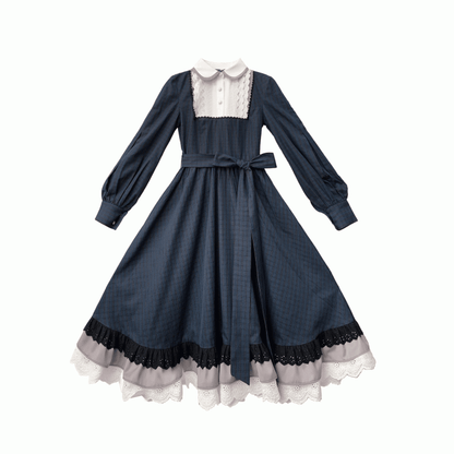 Ärmel Ein Blaues Klassisches Plaid mit Elegantem Lolita Long in Piece Taillengürtel Navy