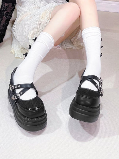 Wing Design Platforms Crisscross Black Buckles