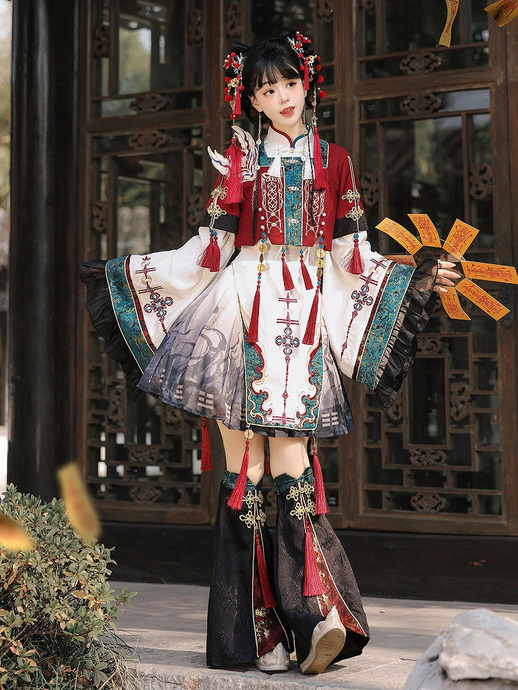 Wide Sleeves Chinese Knot Embroidery Han Lolita Dress Fox Patch Cropped Top Set - Unknown Star