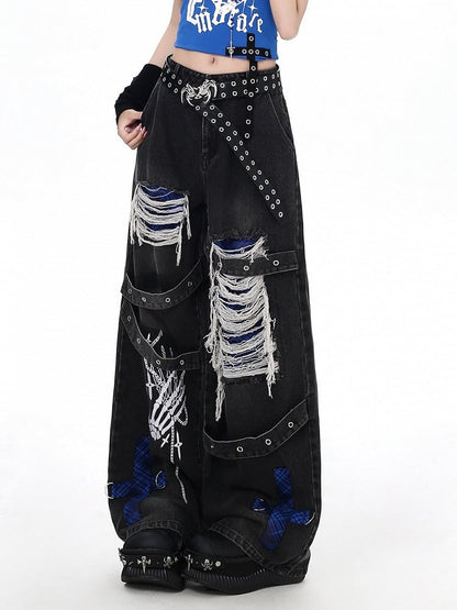Dark Streetwear Blue and Black Ripped Flared Jeans with Skeleton Motif - CRAZY GIRL