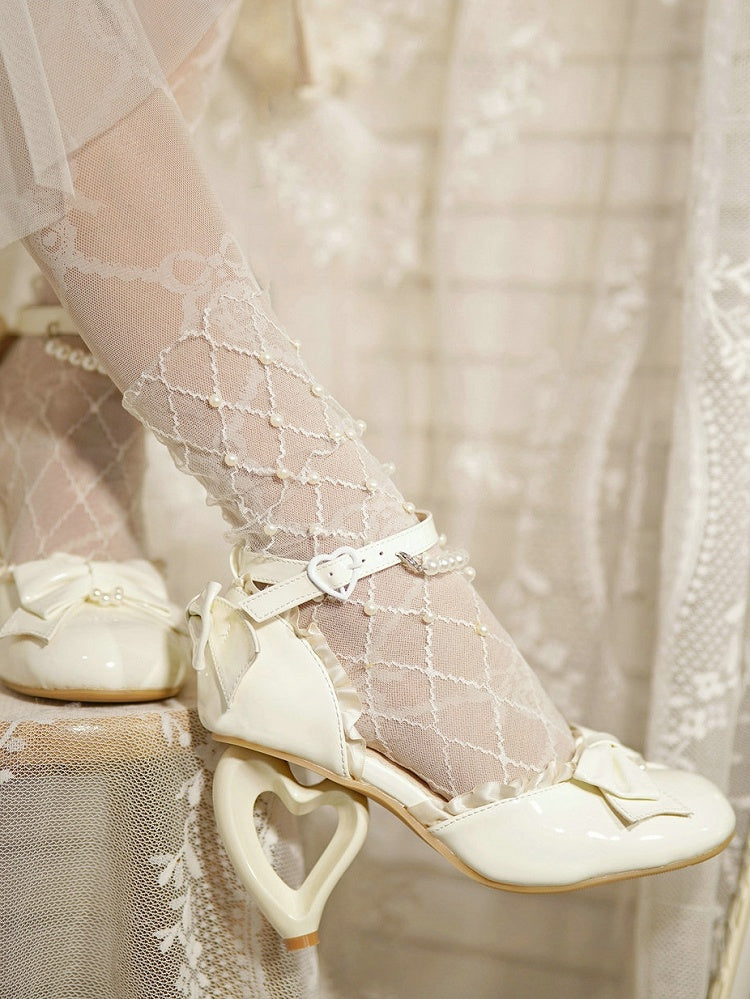 Elegant and Chain Sandals Detachable Heeled Heel Lolita - Heart-Shaped White with Beaded Leather PU