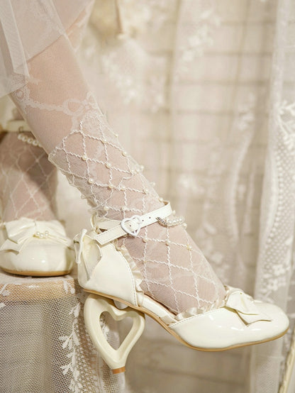 Elegant and Chain Sandals Detachable Heeled Heel Lolita - Heart-Shaped White with Beaded Leather PU