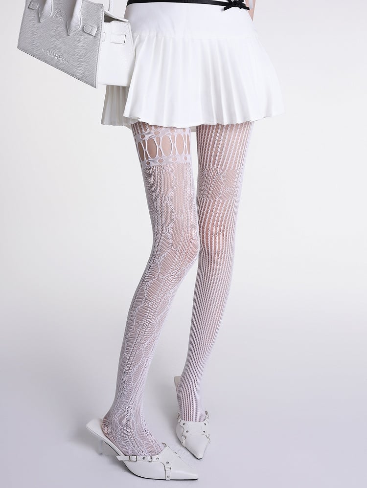White/Gray Asymmetrical Lace Tights Fishnet Design Cut-Out