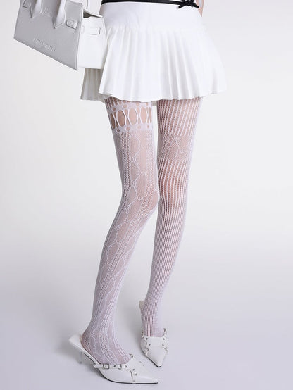 White/Gray Asymmetrical Lace Tights Fishnet Design Cut-Out
