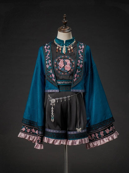 Sleeves Sleeveless Ouji Lolita Floral Chinoiserie + - Cropped Long Outfit Embroidery Shorts Style Top