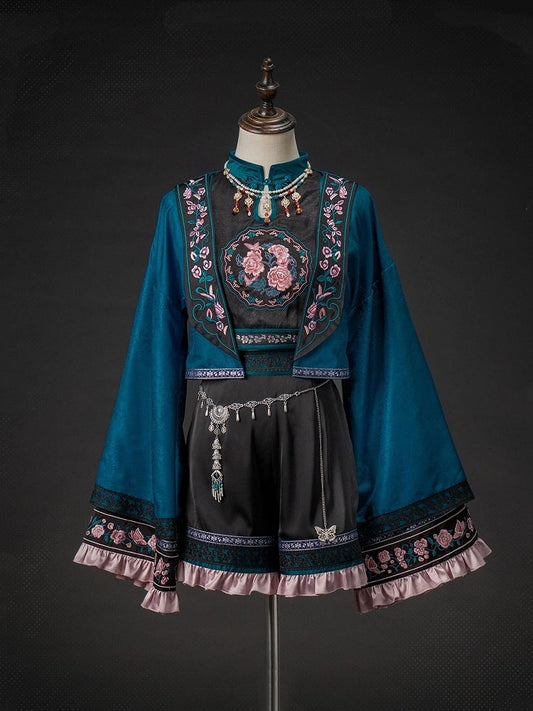 Sleeves Sleeveless Ouji Lolita Floral Chinoiserie + - Cropped Long Outfit Embroidery Shorts Style Top