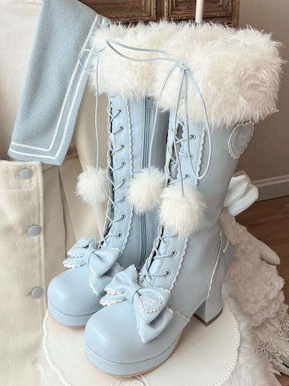 with PU in Cuff Plush Knee-Highs Blue Mid-heel