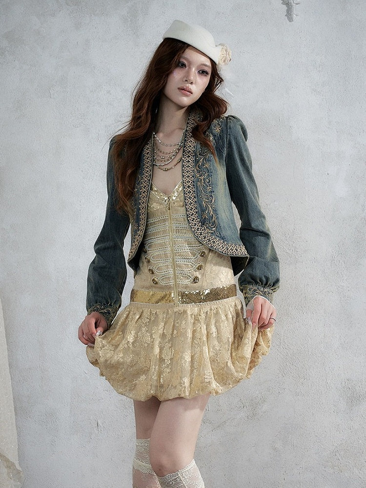Golden Jacquard Cami Dress with Sequin Accents - NO ROMANCE